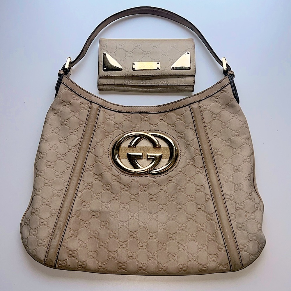 Authentic Gucci Guccissima Britt Beige Cream Shoulder Bag Gold GG - Picture 1 of 16